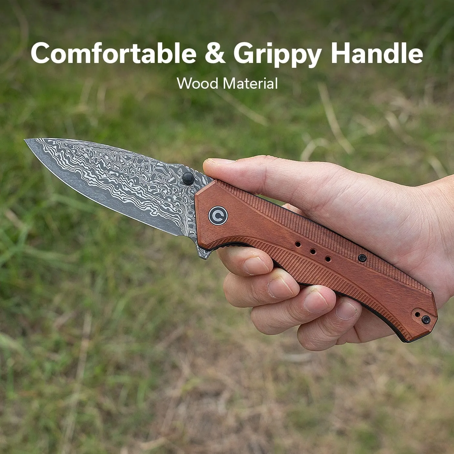 CIVIVI Photonix EDC Pocket Knife, Folding Knife with 3.7" Damascus Blade Wood Handle with Pocket Clip for Men Women, Camping Hiking Fishing Knife C23081B-DS1