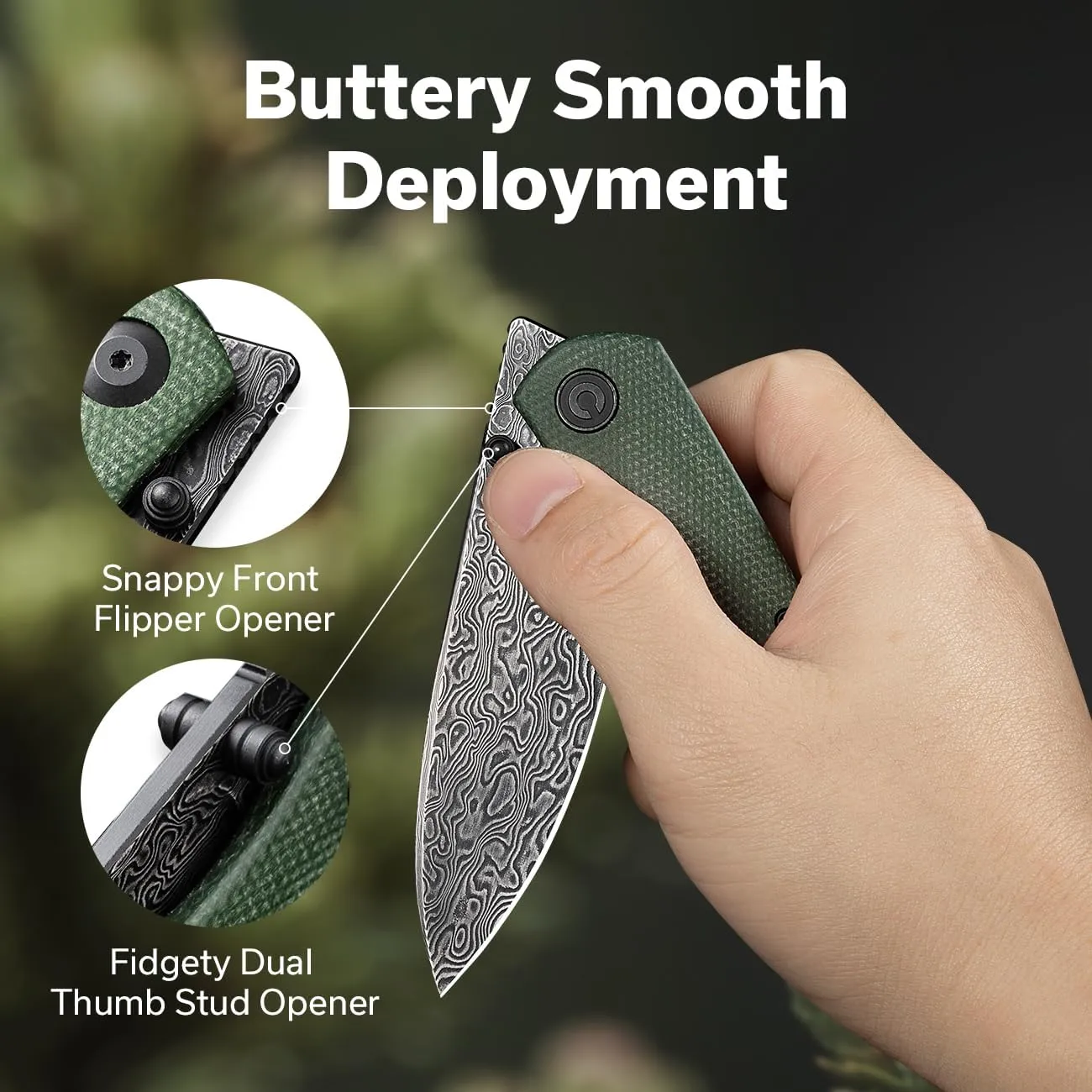 CIVIVI Sokoke Folding Knife, Pocket Knife for EDC, 3.35" Damascus Steel Blade Canvas Micarta Handle Thumb Stud Opener Front Flipper Utility Knife C22007-DS2