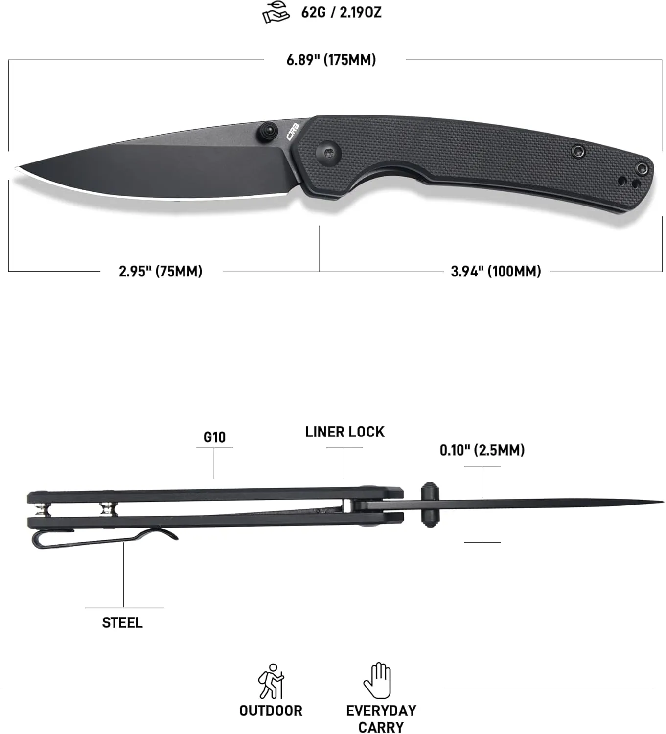 CJRB Kain Folding Pocket Knife, 2.95'' AR-RPM9 Steel Blade G10 Handle Small EDC Knife with Pocket Clip for Men Women, Sharp Knives for Camping Hiking Survival, Designed by Sanford Owen(J1956 Black)