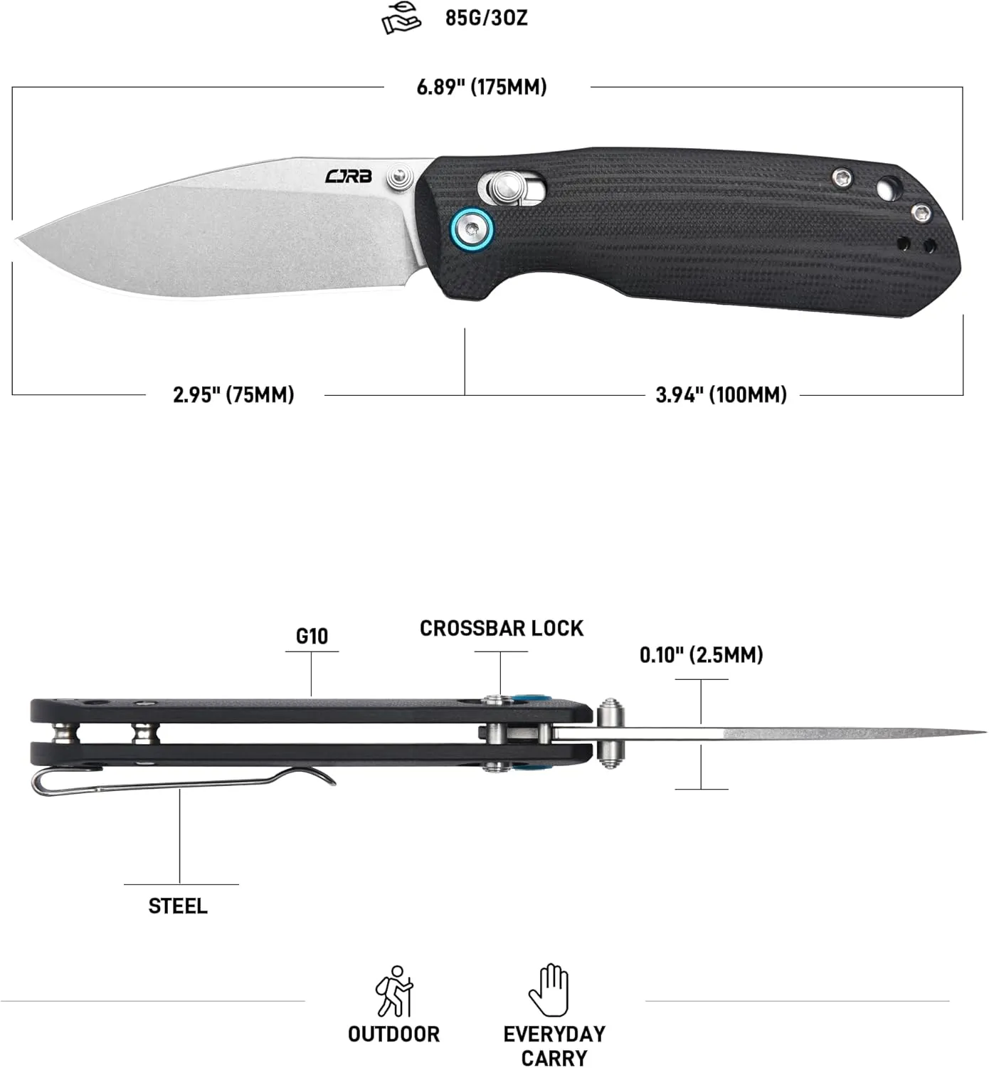 CJRB Maximal Pocket Knife, 2.95" AR-RPM9 Steel Blade G10 Handle Folding Knife with Clip for Men Women, Sharp EDC Knife with Crossbar Lock for Camping Hiking, Designed by David C. Andersen(J1954 Black)