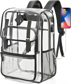 Clear Backpack Heavy Duty Thick PVC Transparent Backpack With Leather Trim Large See Through Backpack Clear Bookbag For Student, Work, Travel Black