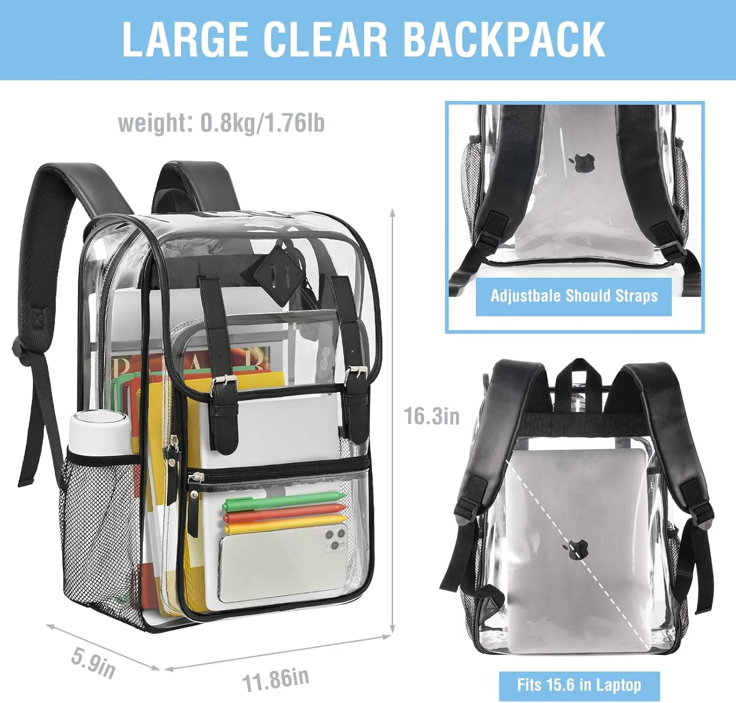 Clear Backpack Heavy Duty Thick PVC Transparent Backpack With Leather Trim Large See Through Backpack Clear Bookbag For Student, Work, Travel Black