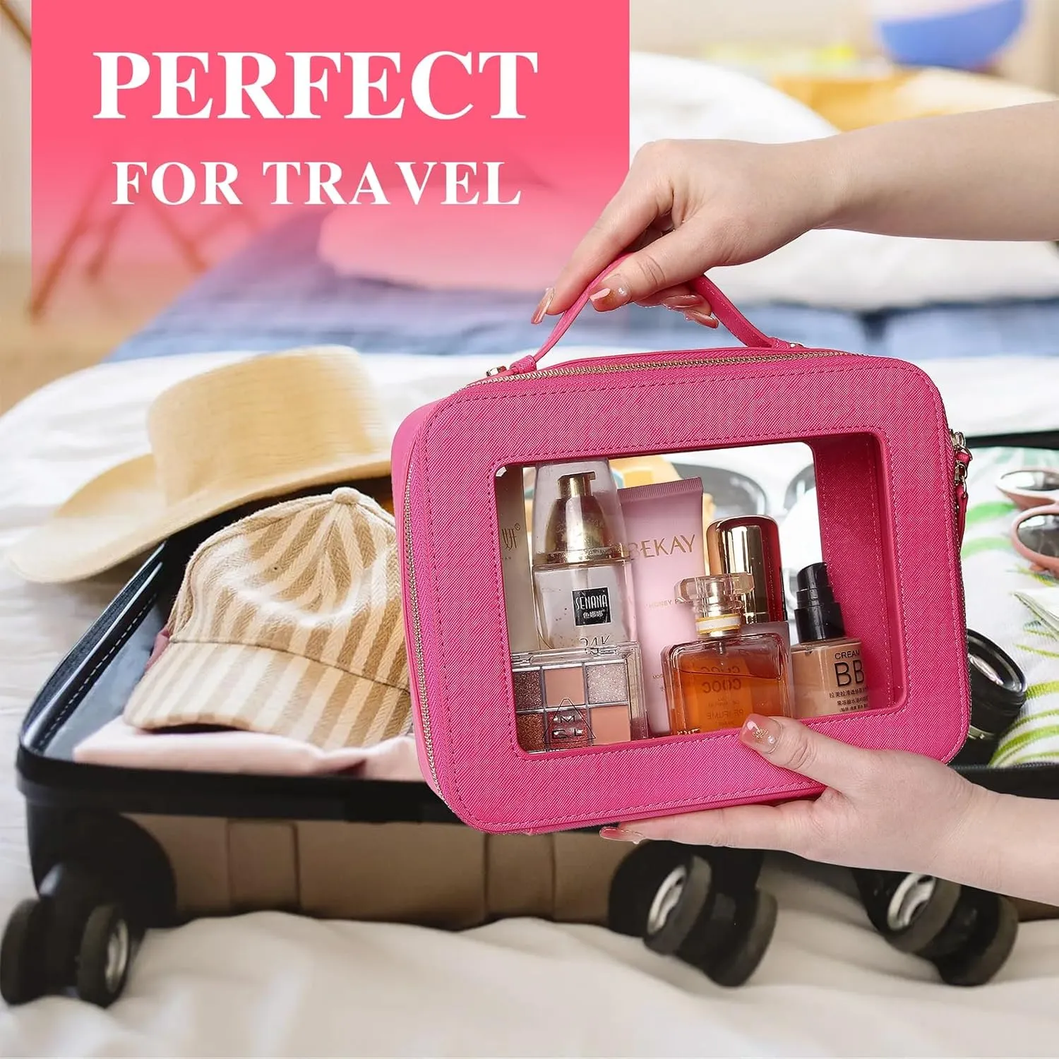 Clear Travel Makeup Bag with Brush Bag Portable Transparent Cosmetic Bag and Toiletry Bag Waterproof Clear Makeup Bag with Zipper Car Bag for Women (Fuxia, L Slim)