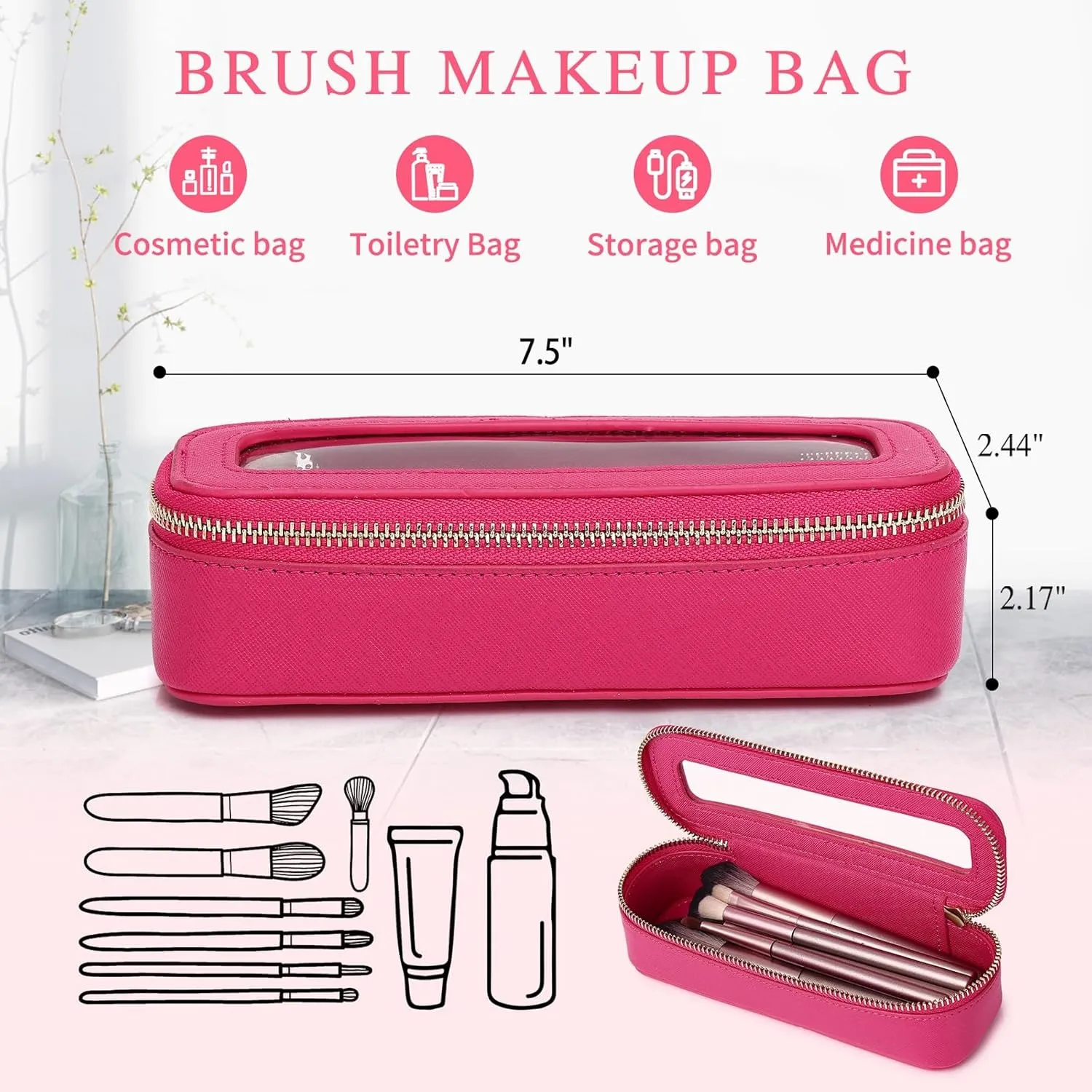 Clear Travel Makeup Bag with Brush Bag Portable Transparent Cosmetic Bag and Toiletry Bag Waterproof Clear Makeup Bag with Zipper Car Bag for Women (Fuxia, L Slim)