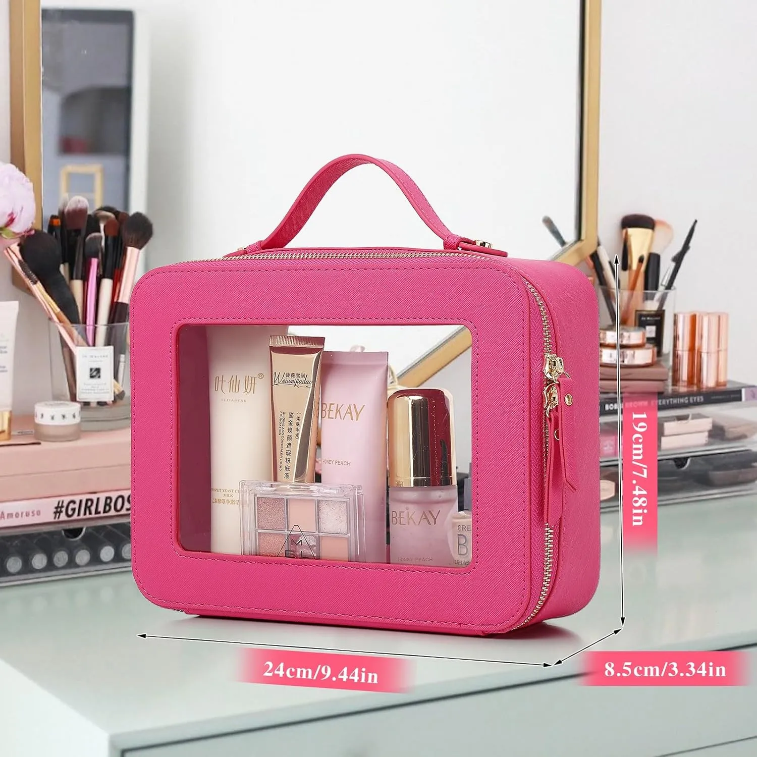 Clear Travel Makeup Bag with Brush Bag Portable Transparent Cosmetic Bag and Toiletry Bag Waterproof Clear Makeup Bag with Zipper Car Bag for Women (Fuxia, L Slim)