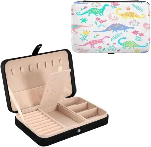 Colorful Dinosaurs PU Leather Travel Jewelry Organizer Case, Portable Jewellery Storage Holder Display for Ring Earrings Necklace Bracelet Bangle Watch Gift for Girl