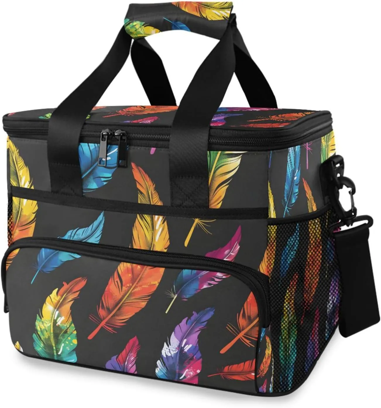 Colorful Feather Rainbow Boho Cooler Bag Insulated Cooler Soft Sided Cooler 24 Can Portable Picnic Bag Large Leakproof Lunch Bag Box for Beach Grocery Camping Travel Car Men Women