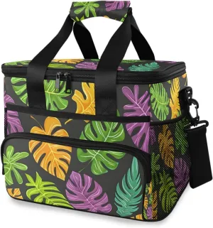 Colorful Palm Leaves Tropical Plants Black Cooler Bag Insulated Cooler Soft Sided Cooler 24 Can Portable Picnic Bag Large Leakproof Lunch Bag Box for Beach Grocery Camping Travel Car Men Women
