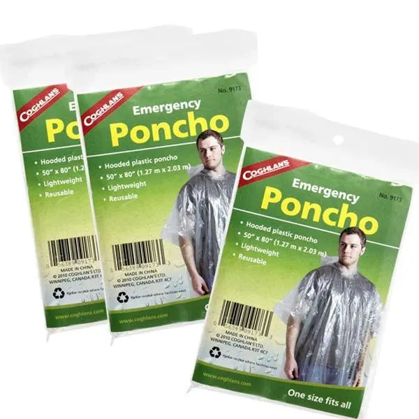 COMPACT, LIGHTWEIGHT EMERGENCY RAIN PONCHOS WITH HOOD - 3 PACK
