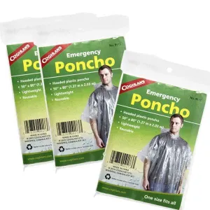 COMPACT, LIGHTWEIGHT EMERGENCY RAIN PONCHOS WITH HOOD - 3 PACK