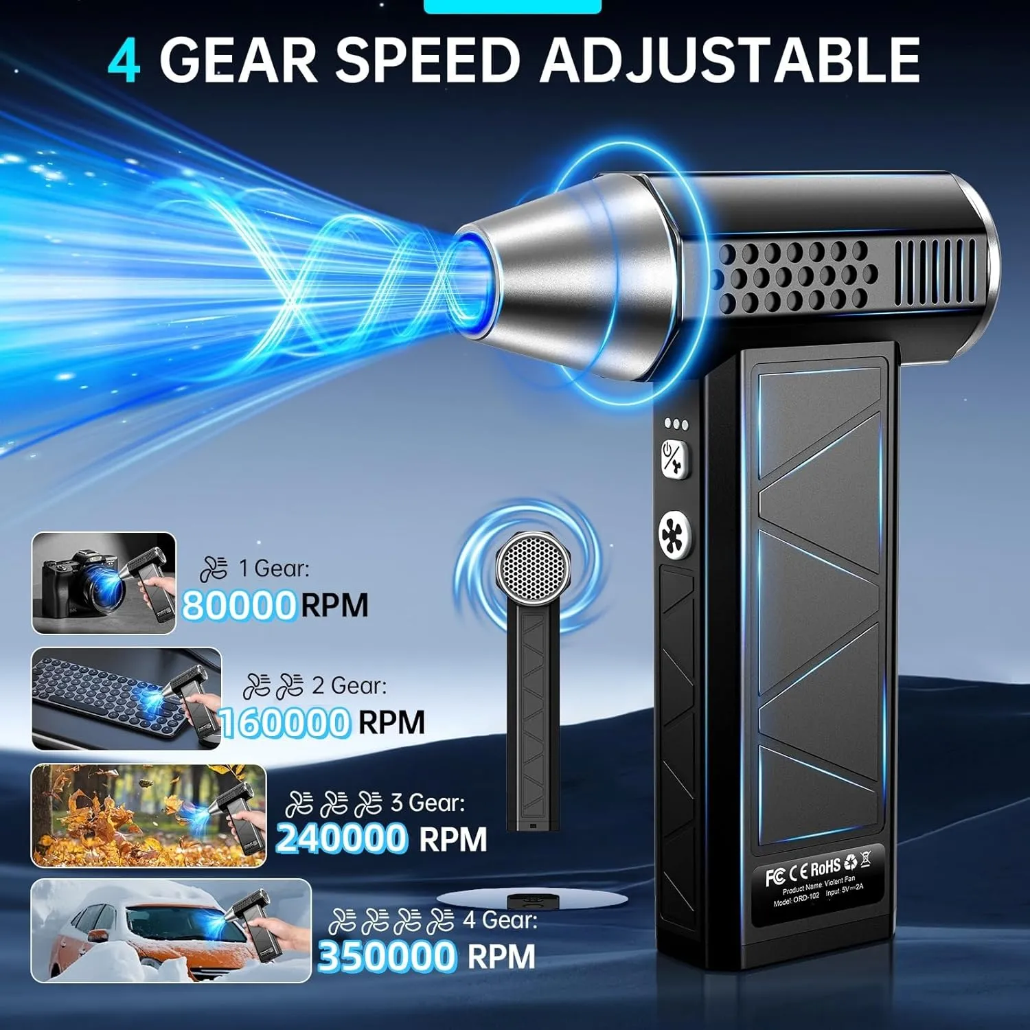 Compressed Air Duster, 360000RPM Electric Air Duster with LED Light, 4-Gear Adjustable Mini Handheld Air Blower Jet Turbo Fan Jet Dry Blower Rechargeable Air Blower Duster for Keyboard Car Home