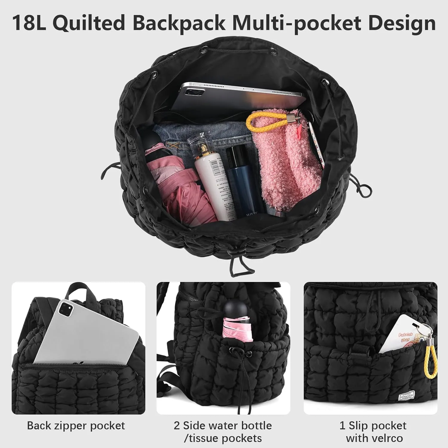 CONTAIL 18L Quilted Puffer Backpack for Women,Lightweight Puffy Hiker Pack,Black