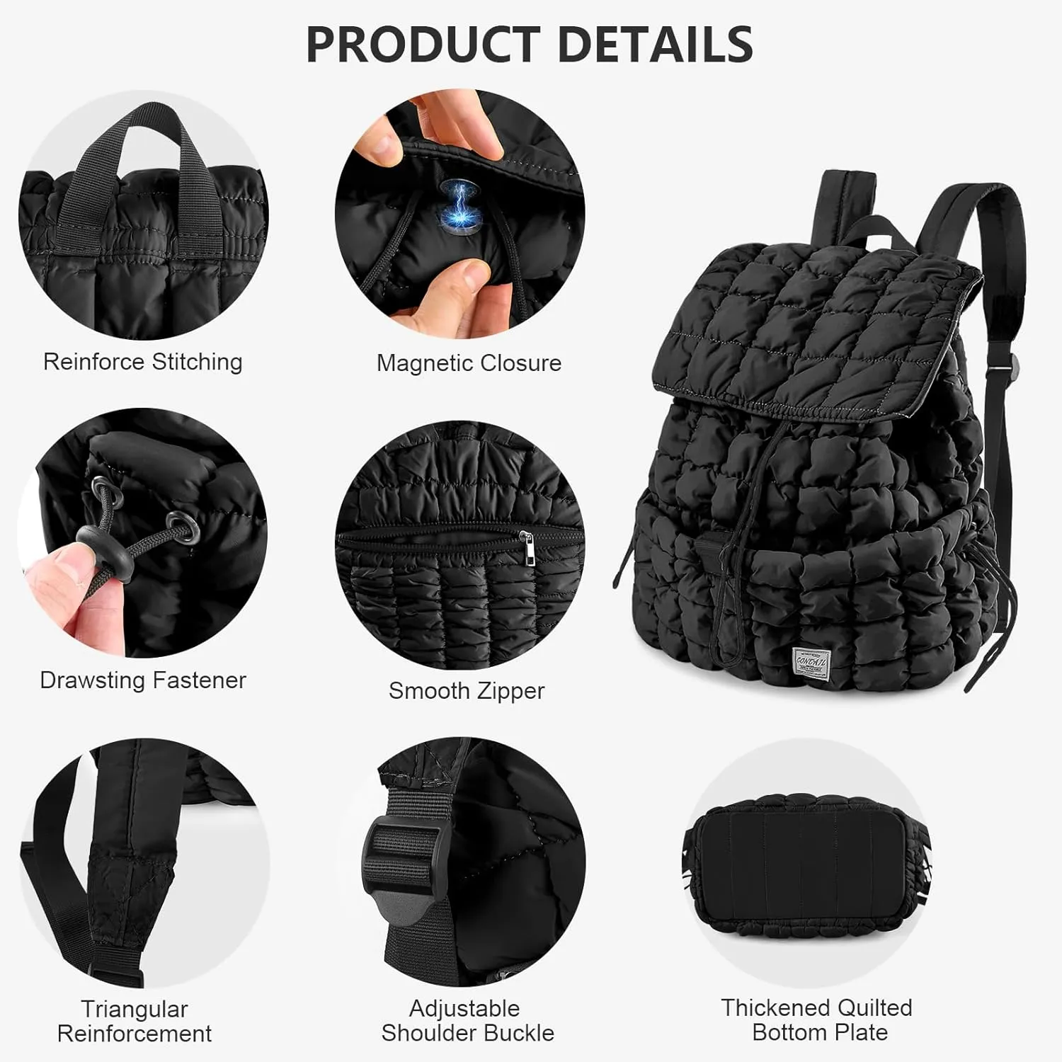 CONTAIL 18L Quilted Puffer Backpack for Women,Lightweight Puffy Hiker Pack,Black