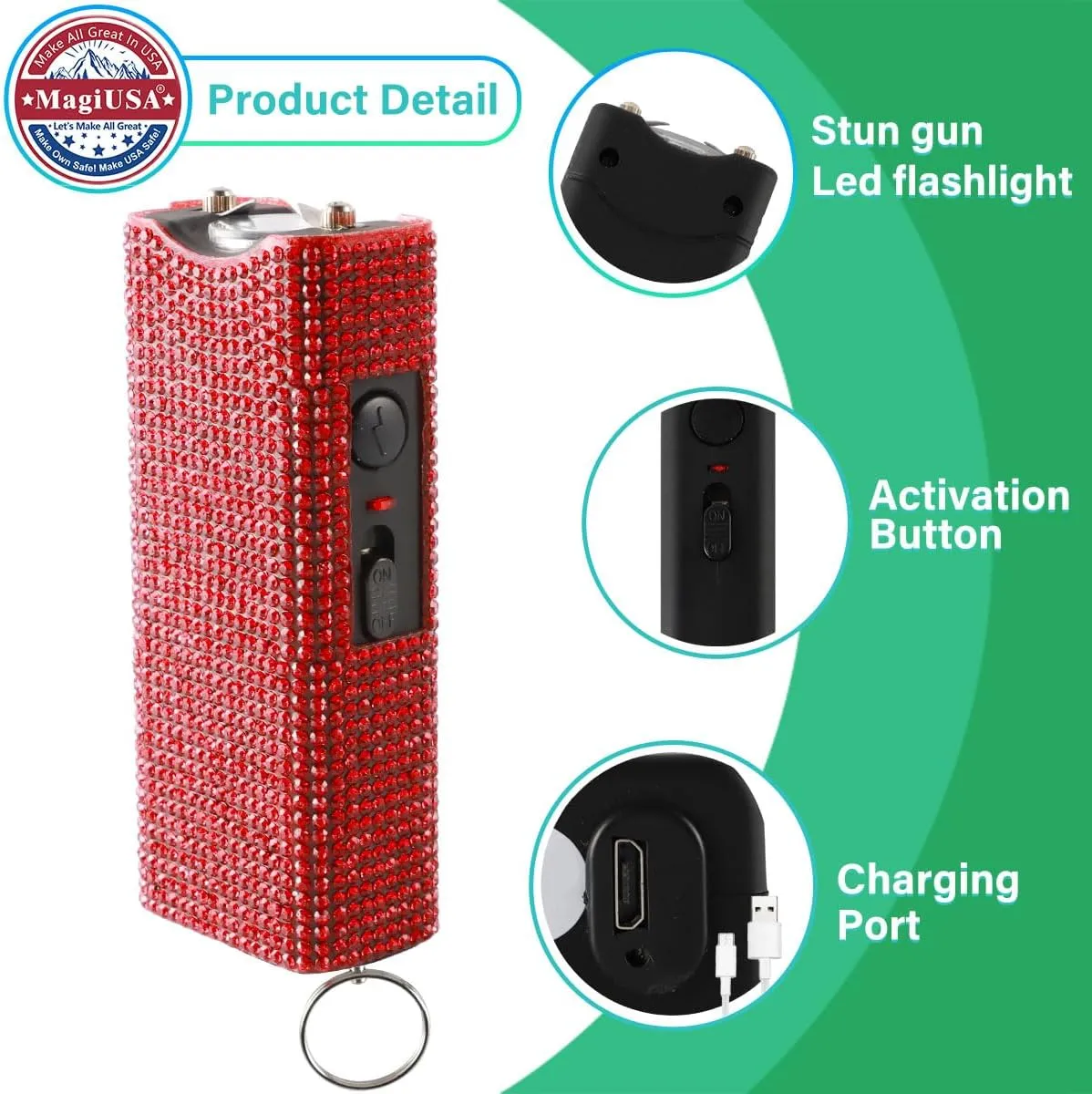 Cool MagiUSA Bling Stun Gun & Pepper Spray Bracelet Keychain Set – LED Flashlight Personal Alarm Self Defense Kit for Women & Men – Tazer taiser Pepper Gel Safety Tools Quick Defense, Multi Color