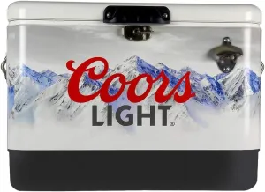 Coors Light Retro Ice Chest Beverage Cooler with Bottle Opener, 51L (54 qt), 85 Can Steel-Belted Portable Cooler, White and Black, for Camping, Beach, RV, BBQs, Tailgating, Fishing