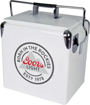 Coors Light Retro Ice Chest Cooler with Bottle Opener 13L (14 qt), 18 Can Capacity, White and Silver, Vintage Style Ice Bucket for Camping, Beach, Picnic, RV, BBQs, Tailgating, Fishing