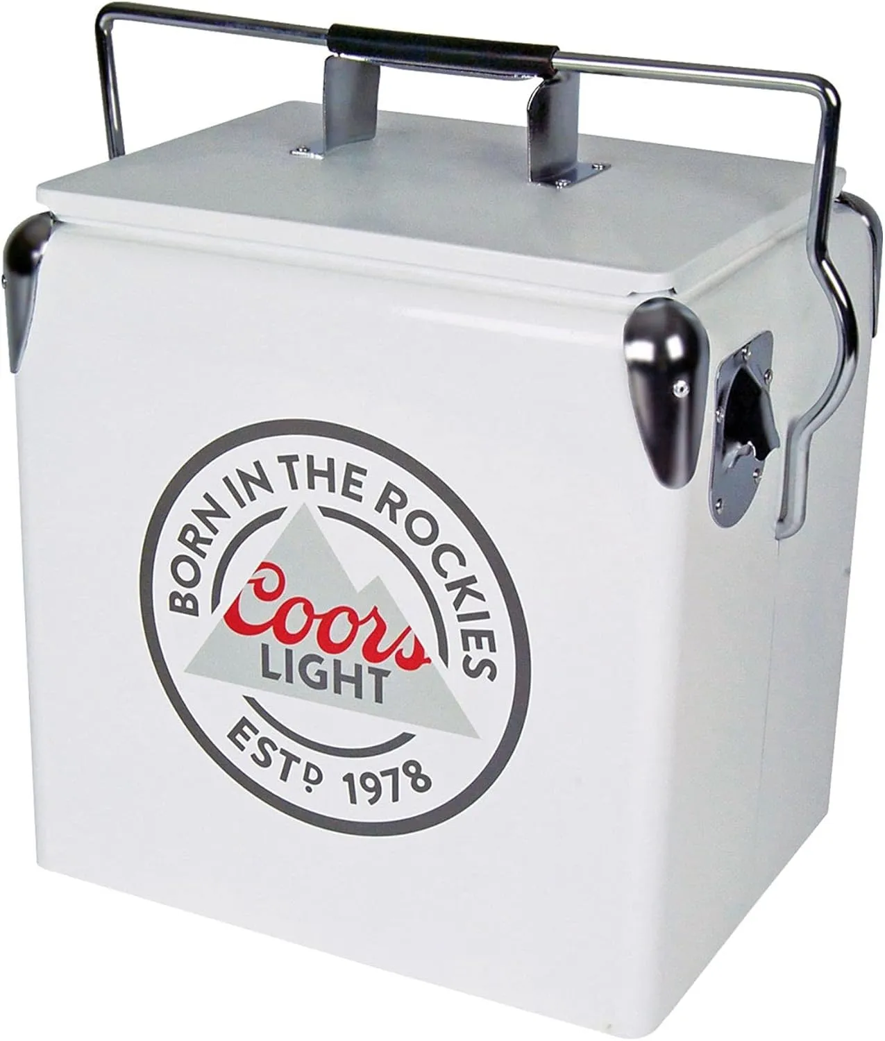 Coors Light Retro Ice Chest Cooler with Bottle Opener 13L (14 qt), 18 Can Capacity, White and Silver, Vintage Style Ice Bucket for Camping, Beach, Picnic, RV, BBQs, Tailgating, Fishing