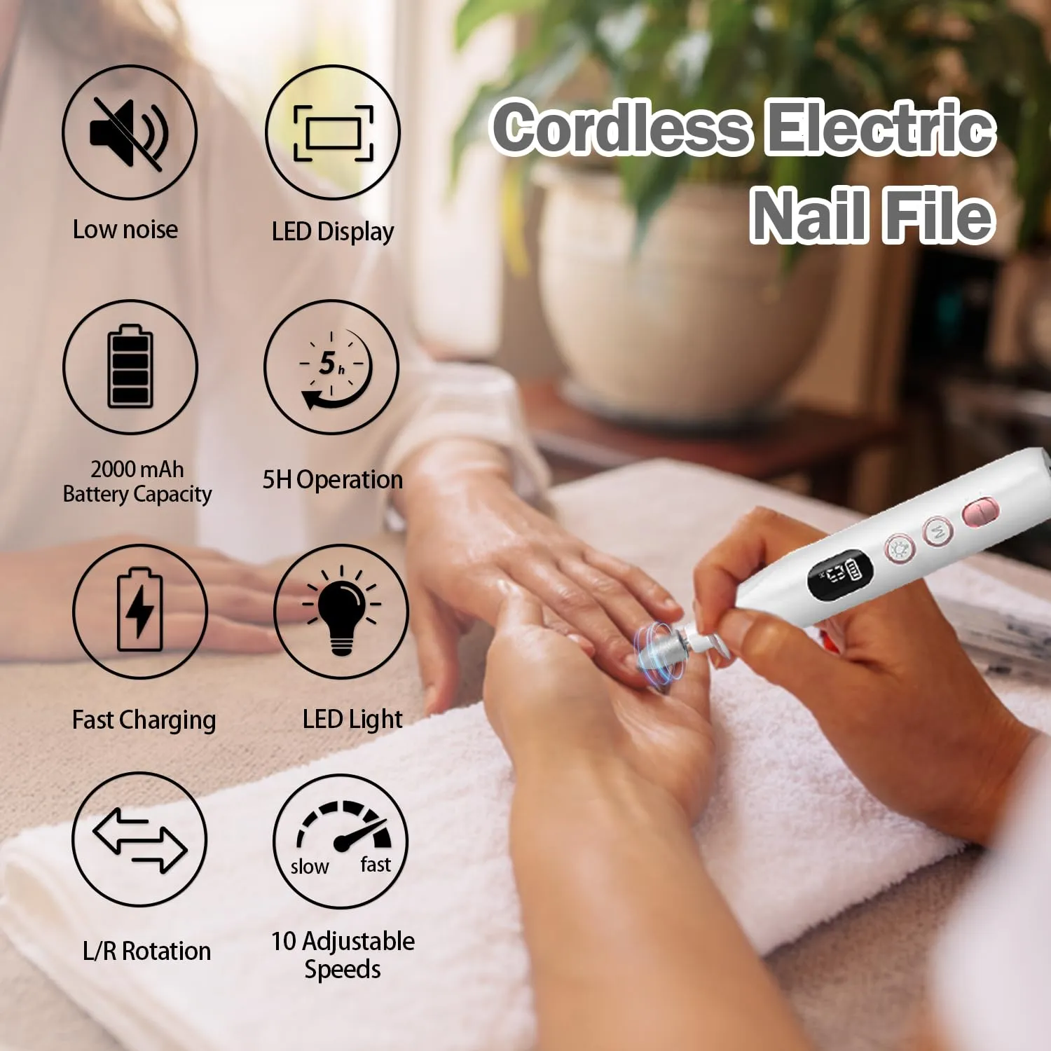 Cordless Electric Nail File Set, 10 Speeds Professional Manicure Pedicure Kit with LED Light & LCD Screen, Portable Nail Drill for Natural & Acrylic Nails, Human & Pet Thick Toenails (White)