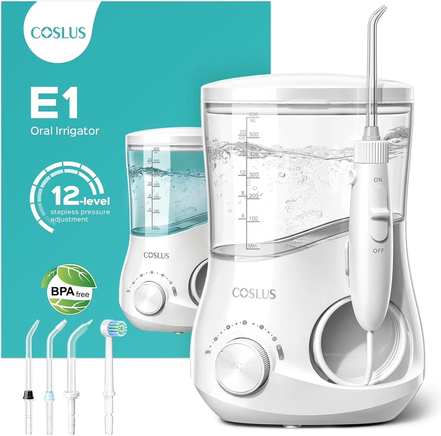COSLUS Water Flosser, Water Dental Flosser Teeth Pick, 12 Settings Pressure Professional Gums, Braces, 600ML Electric Oral Irrigator Waterproof Flossing Cleaner Deep Cleaning with 5 Tips for Family E1