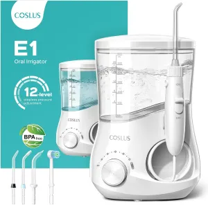 COSLUS Water Flosser, Water Dental Flosser Teeth Pick, 12 Settings Pressure Professional Gums, Braces, 600ML Electric Oral Irrigator Waterproof Flossing Cleaner Deep Cleaning with 5 Tips for Family E1
