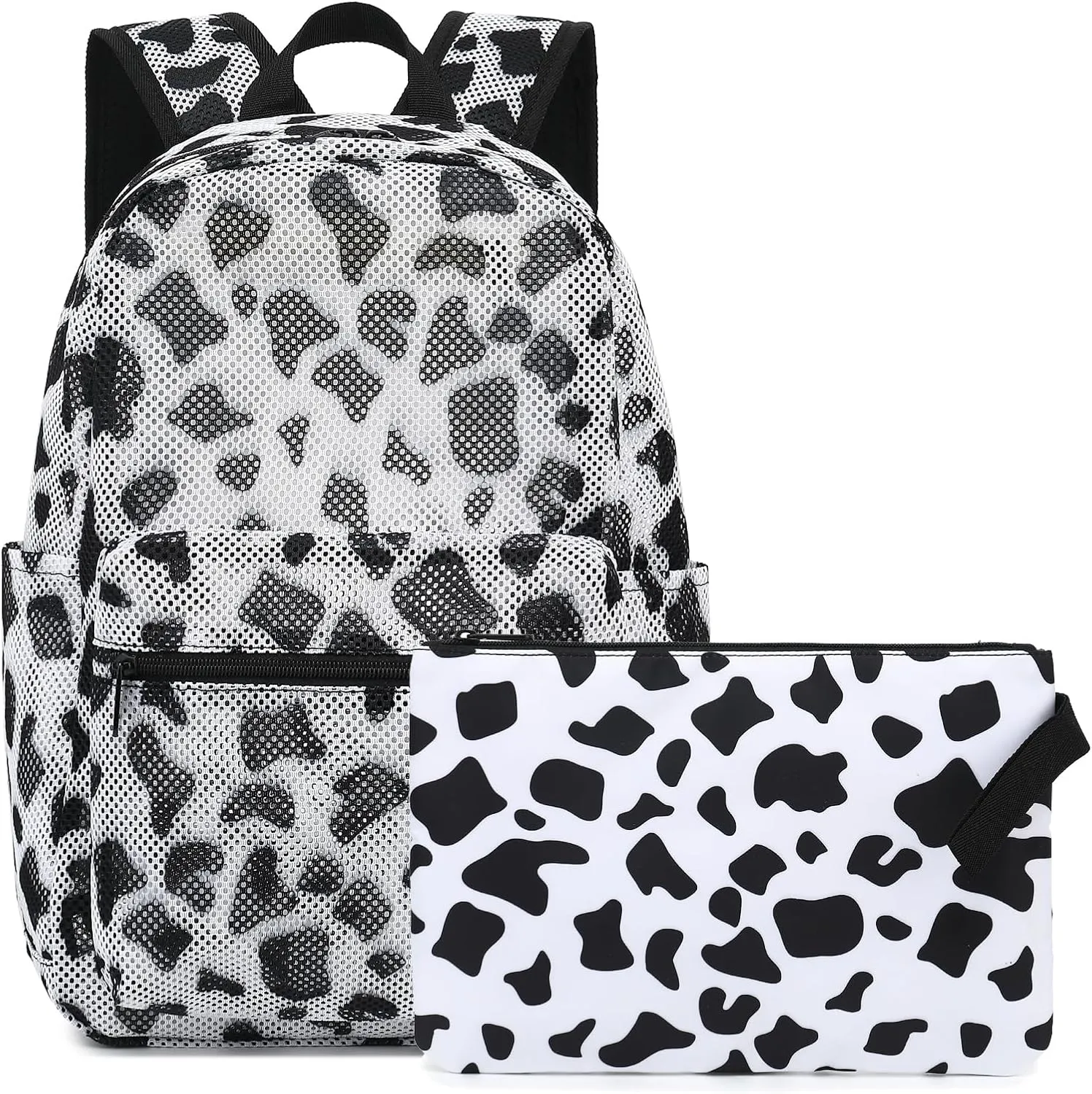 Cow Print Mesh Backpack for Girls Women, See Through Casual School College Student Bookbag