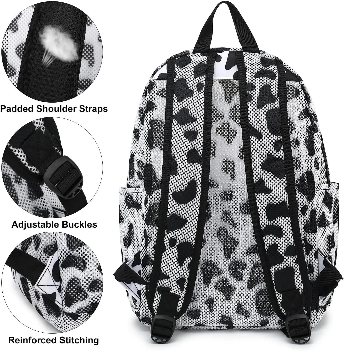 Cow Print Mesh Backpack for Girls Women, See Through Casual School College Student Bookbag