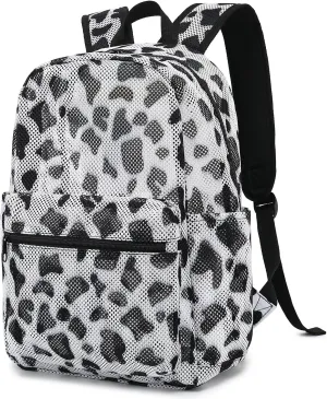 Cow Print Mesh Backpack for Girls Women, See Through Casual School College Student Bookbag