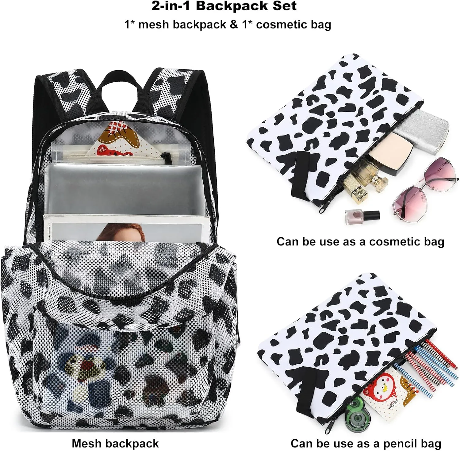 Cow Print Mesh Backpack for Girls Women, See Through Casual School College Student Bookbag