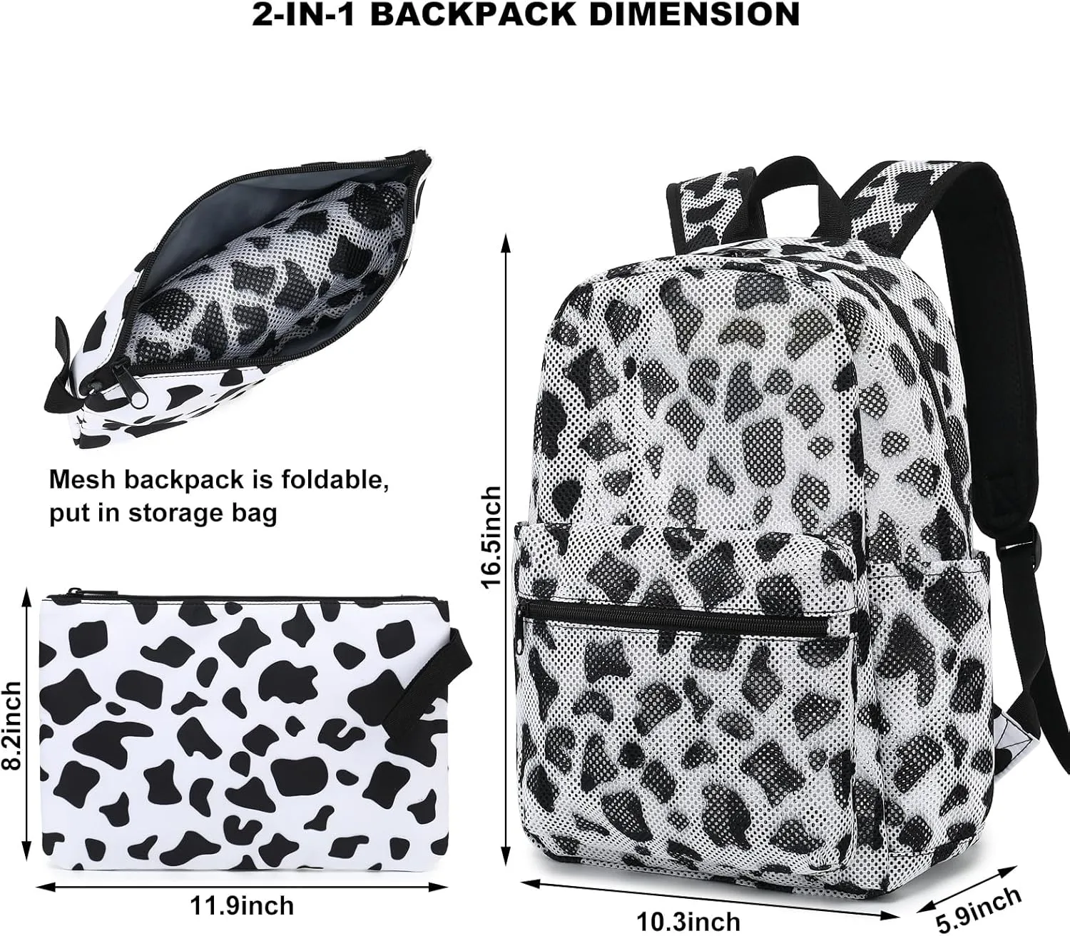 Cow Print Mesh Backpack for Girls Women, See Through Casual School College Student Bookbag