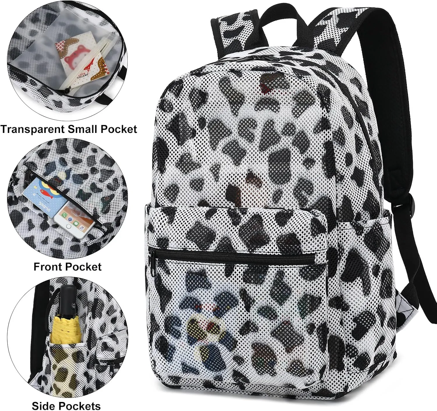 Cow Print Mesh Backpack for Girls Women, See Through Casual School College Student Bookbag