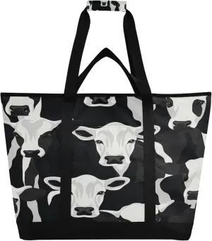 Cow Print Reusable Insulated Cooler Bag with Ice Pack Compartment - Large 47L Waterproof Thermal Grocery Tote for Picnic Beach Camping Lunch Storage