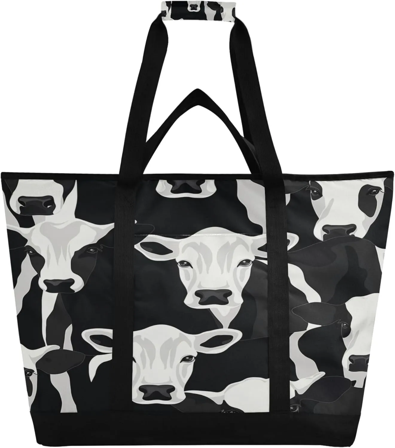 Cow Print Reusable Insulated Cooler Bag with Ice Pack Compartment - Large 47L Waterproof Thermal Grocery Tote for Picnic Beach Camping Lunch Storage