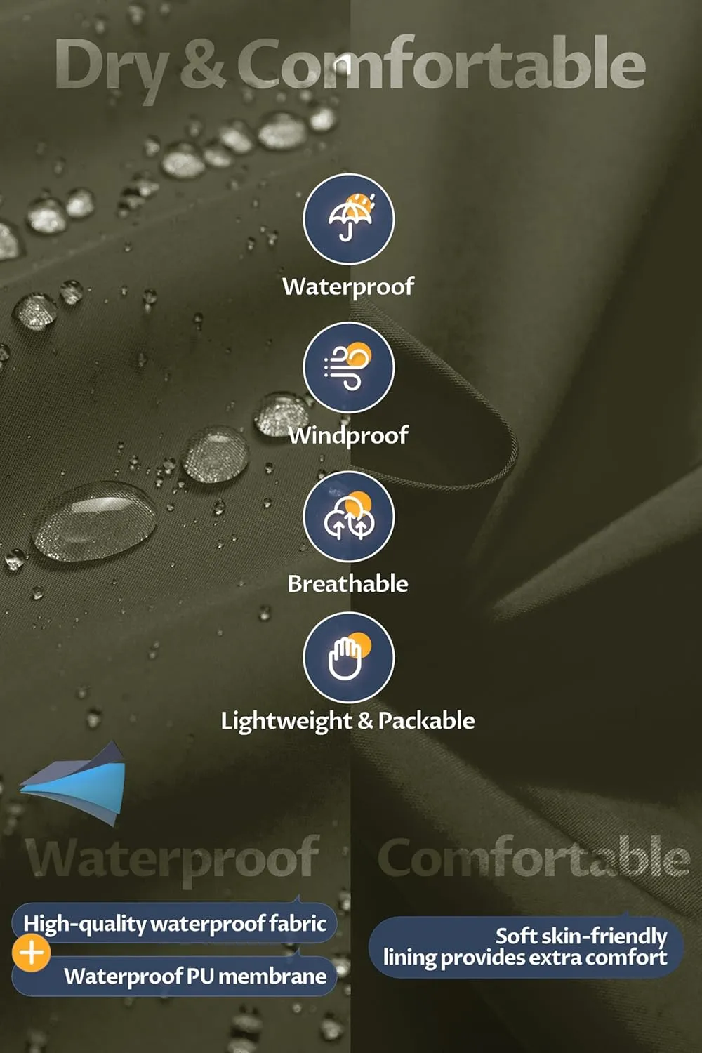 CREATMO US Men's Long Rain Coat Waterproof Packable Rain Jacket Outdoor Lightweight Windbreaker with Hood
