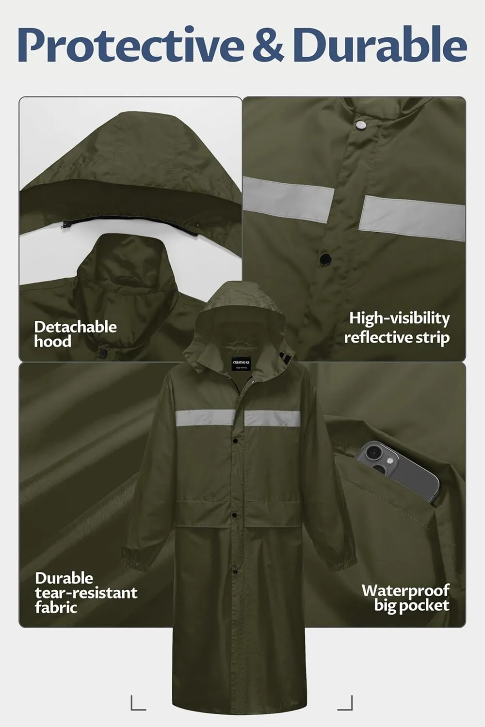 CREATMO US Men's Long Rain Coat Waterproof Packable Rain Jacket Outdoor Lightweight Windbreaker with Hood