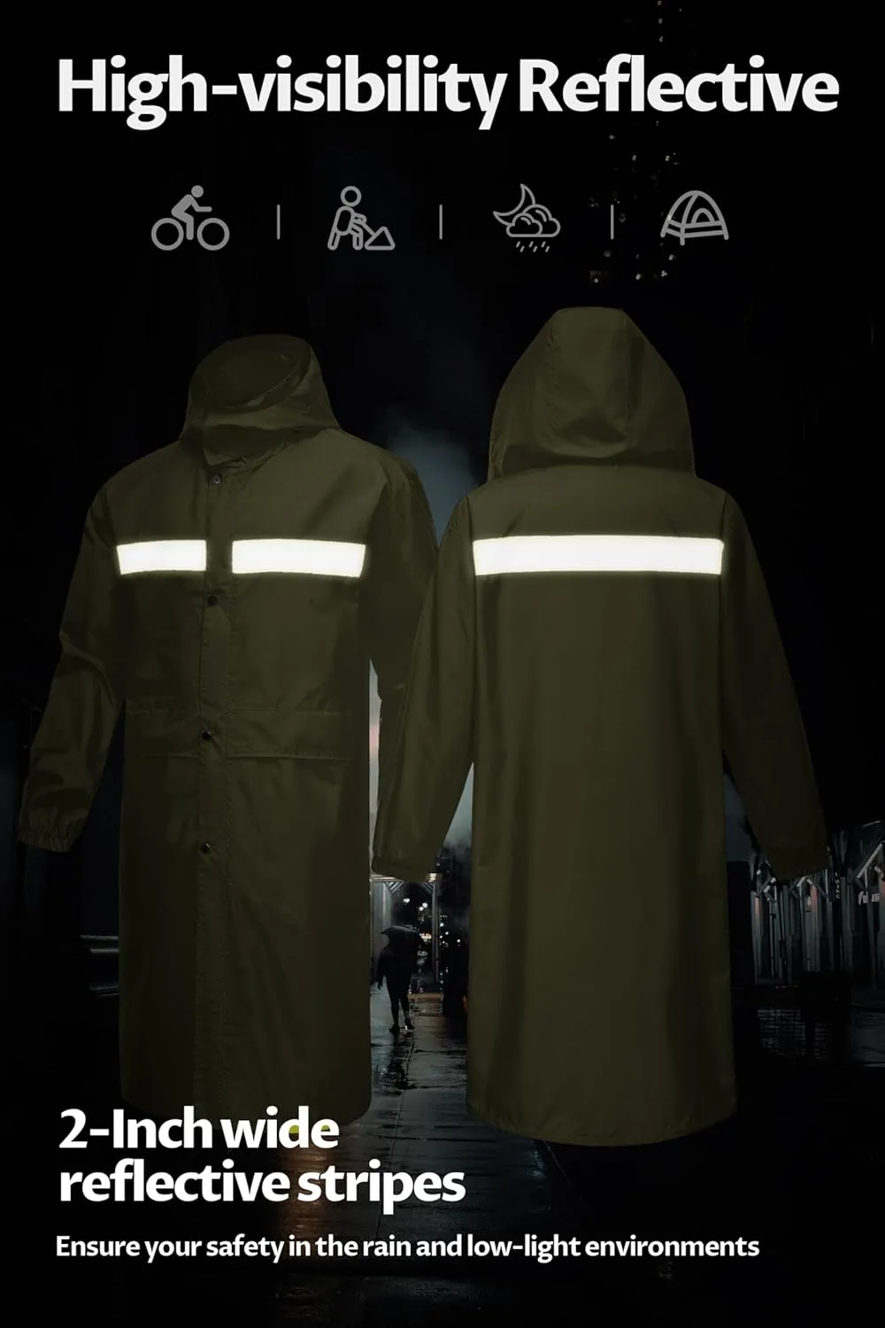CREATMO US Men's Long Rain Coat Waterproof Packable Rain Jacket Outdoor Lightweight Windbreaker with Hood
