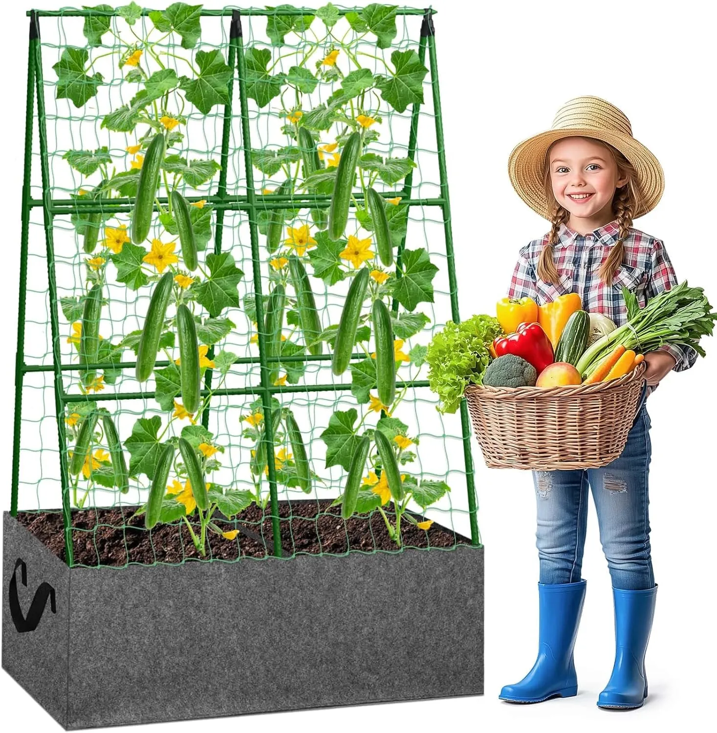 Cucumber Trellis with Grow Bag, 47 x 34 Inches Reusable Garden Vegetable Trellis with Fabric Raised Bed, Climbing Net and Plant Support Clips for Greenhouse Climbing Plants