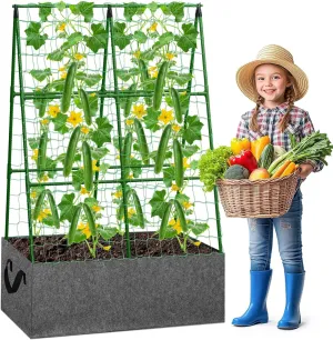 Cucumber Trellis with Grow Bag, 47 x 34 Inches Reusable Garden Vegetable Trellis with Fabric Raised Bed, Climbing Net and Plant Support Clips for Greenhouse Climbing Plants