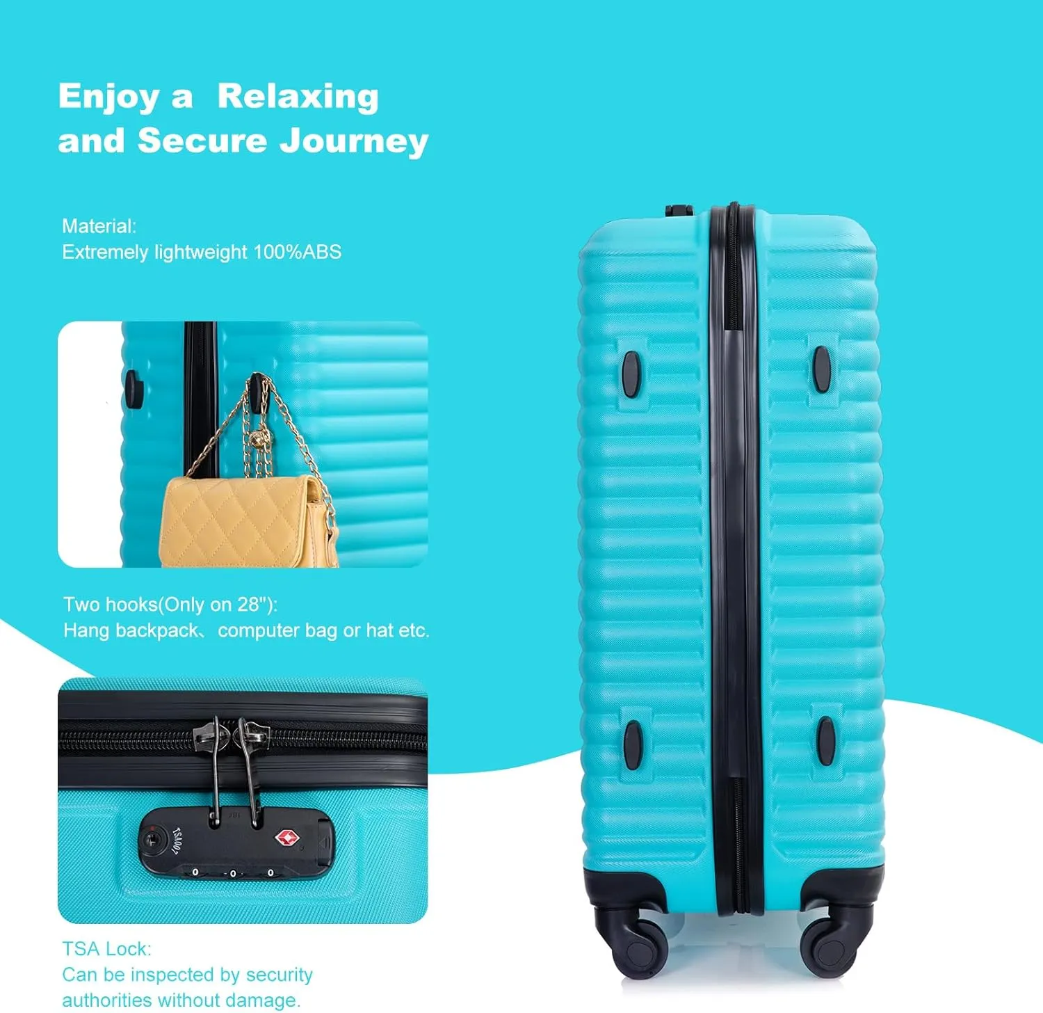 CuisinSmart 3 Piece Hardshell Luggage Sets Lightweight Suitcase With 2 Hooks, 360 Degree Spinner Wheels, TSA Lock For Travel (20"/24"/28") Turquoise As shown