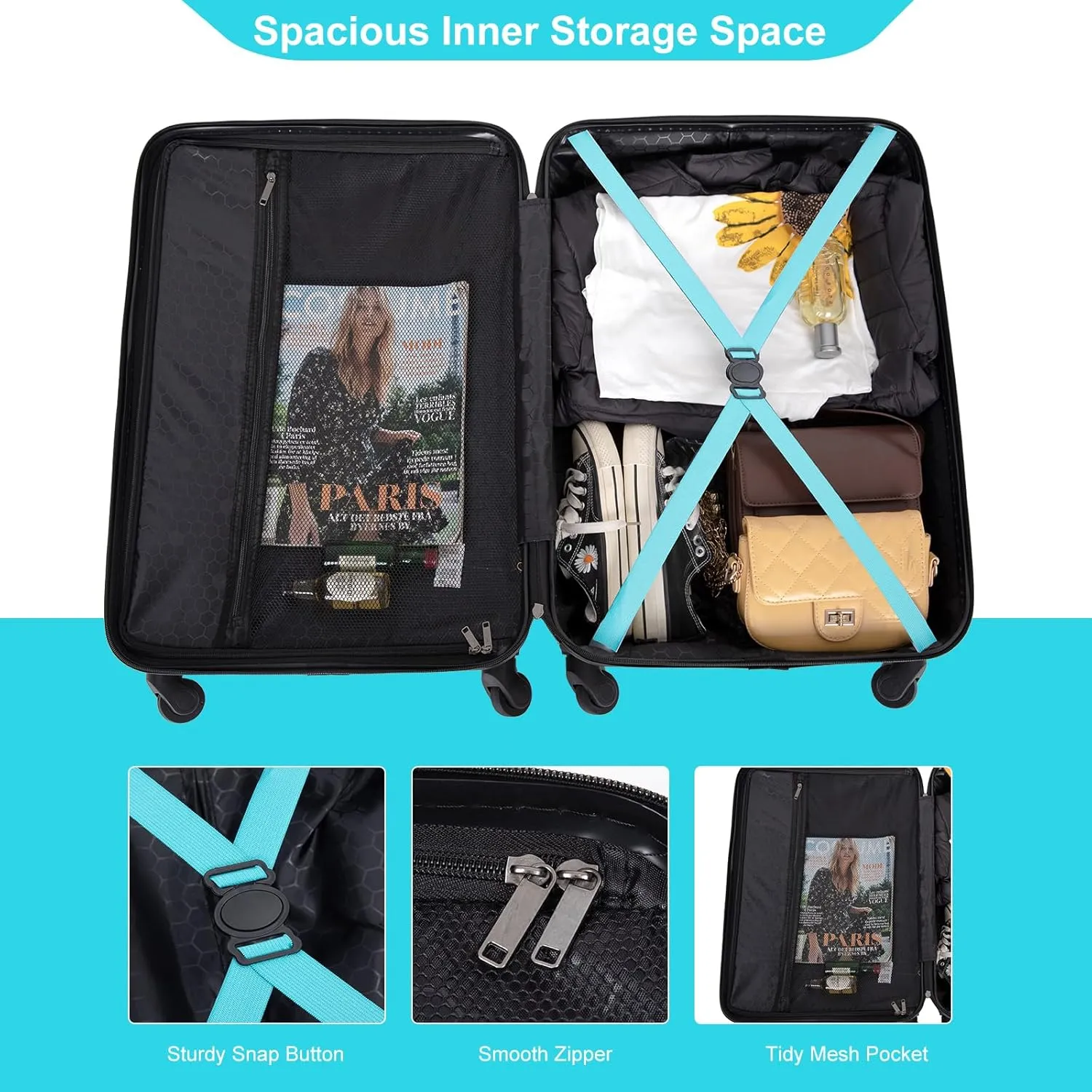 CuisinSmart 3 Piece Hardshell Luggage Sets Lightweight Suitcase With 2 Hooks, 360 Degree Spinner Wheels, TSA Lock For Travel (20"/24"/28") Turquoise As shown