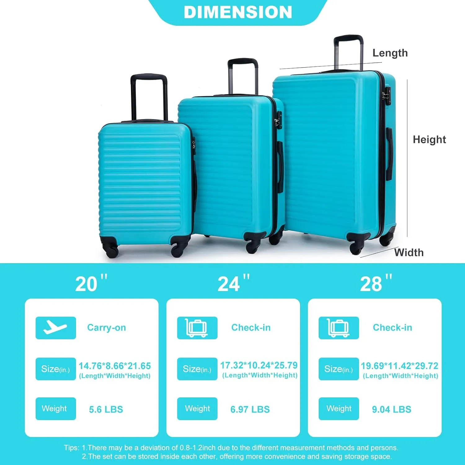 CuisinSmart 3 Piece Hardshell Luggage Sets Lightweight Suitcase With 2 Hooks, 360 Degree Spinner Wheels, TSA Lock For Travel (20"/24"/28") Turquoise As shown