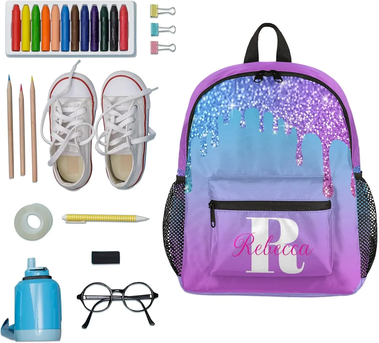 Custom Backpack with Initial & Name Personalized Small Shoulder Bag Waterproof Travel Casual Backpack with Chest Strap 12in, Blue