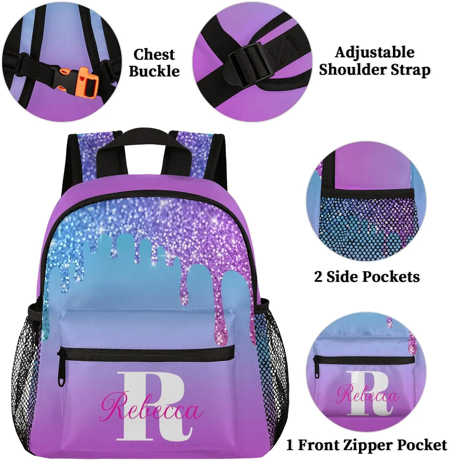 Custom Backpack with Initial & Name Personalized Small Shoulder Bag Waterproof Travel Casual Backpack with Chest Strap 12in, Blue