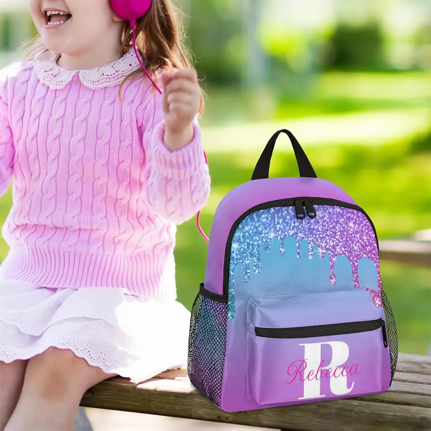 Custom Backpack with Initial & Name Personalized Small Shoulder Bag Waterproof Travel Casual Backpack with Chest Strap 12in, Blue