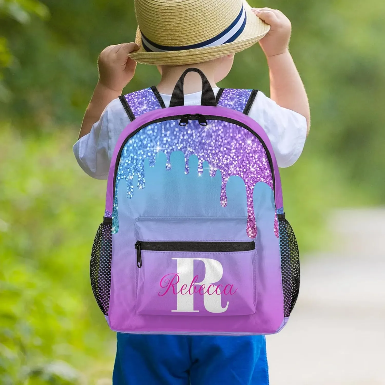 Custom Backpack with Initial & Name Personalized Small Shoulder Bag Waterproof Travel Casual Backpack with Chest Strap 12in, Blue