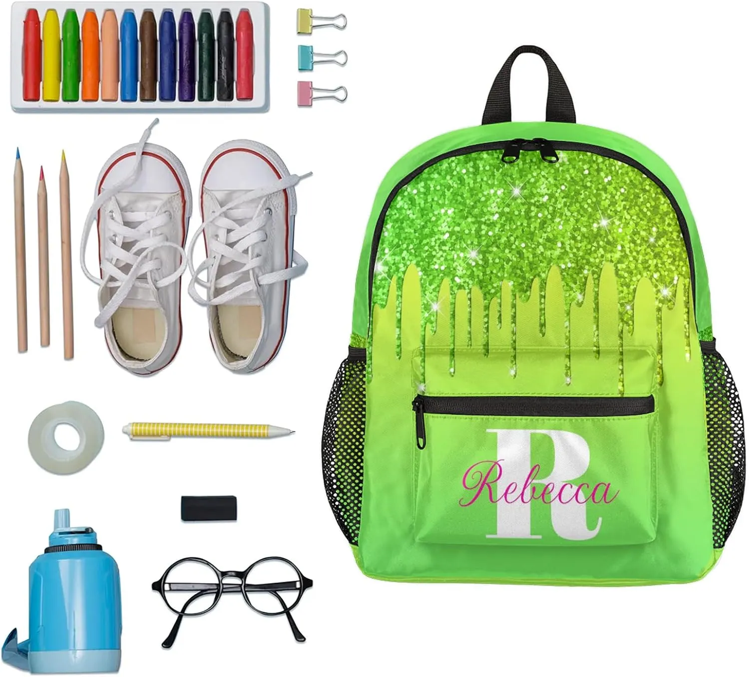 Custom Backpack with Initial & Name Personalized Small Shoulder Bag Waterproof Travel Casual Backpack with Chest Strap 12in, Grass Green