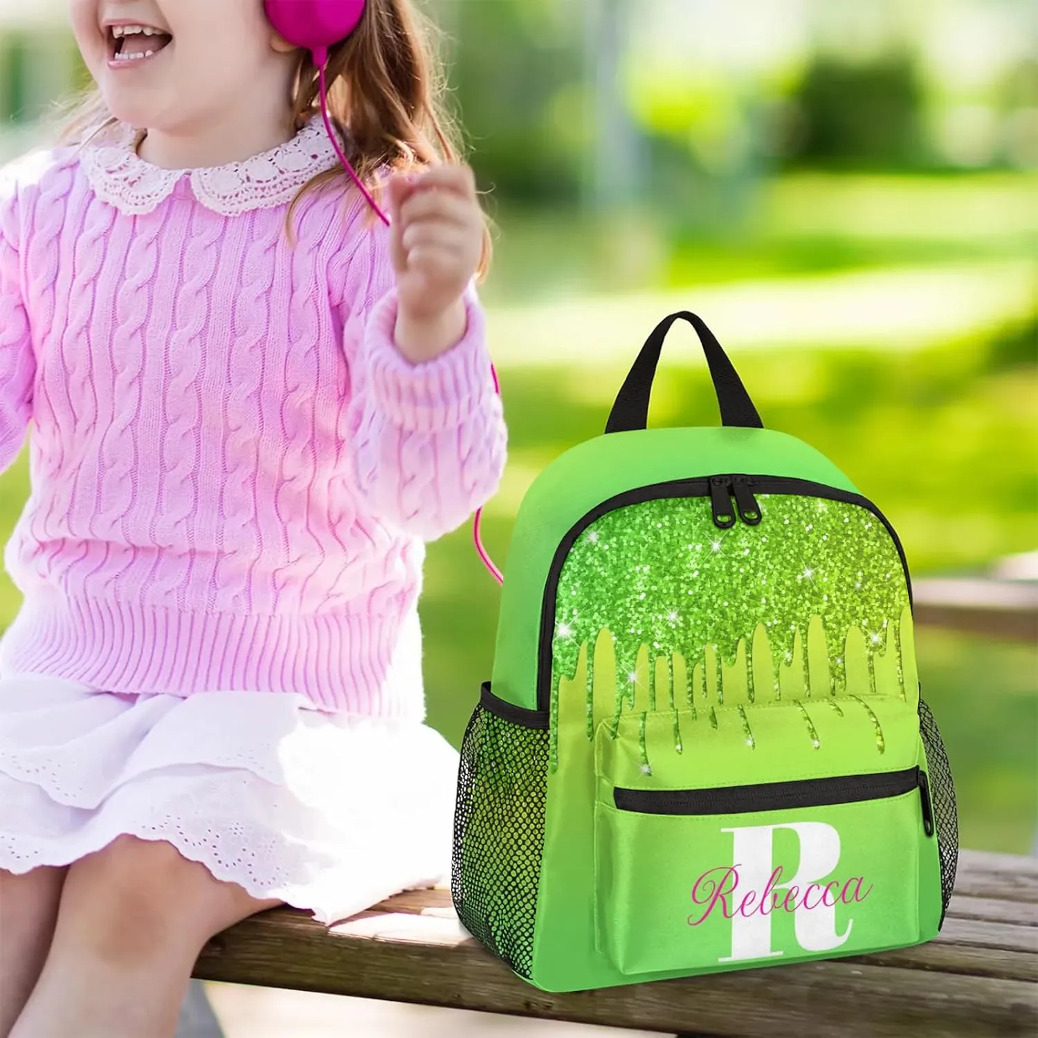 Custom Backpack with Initial & Name Personalized Small Shoulder Bag Waterproof Travel Casual Backpack with Chest Strap 12in, Grass Green