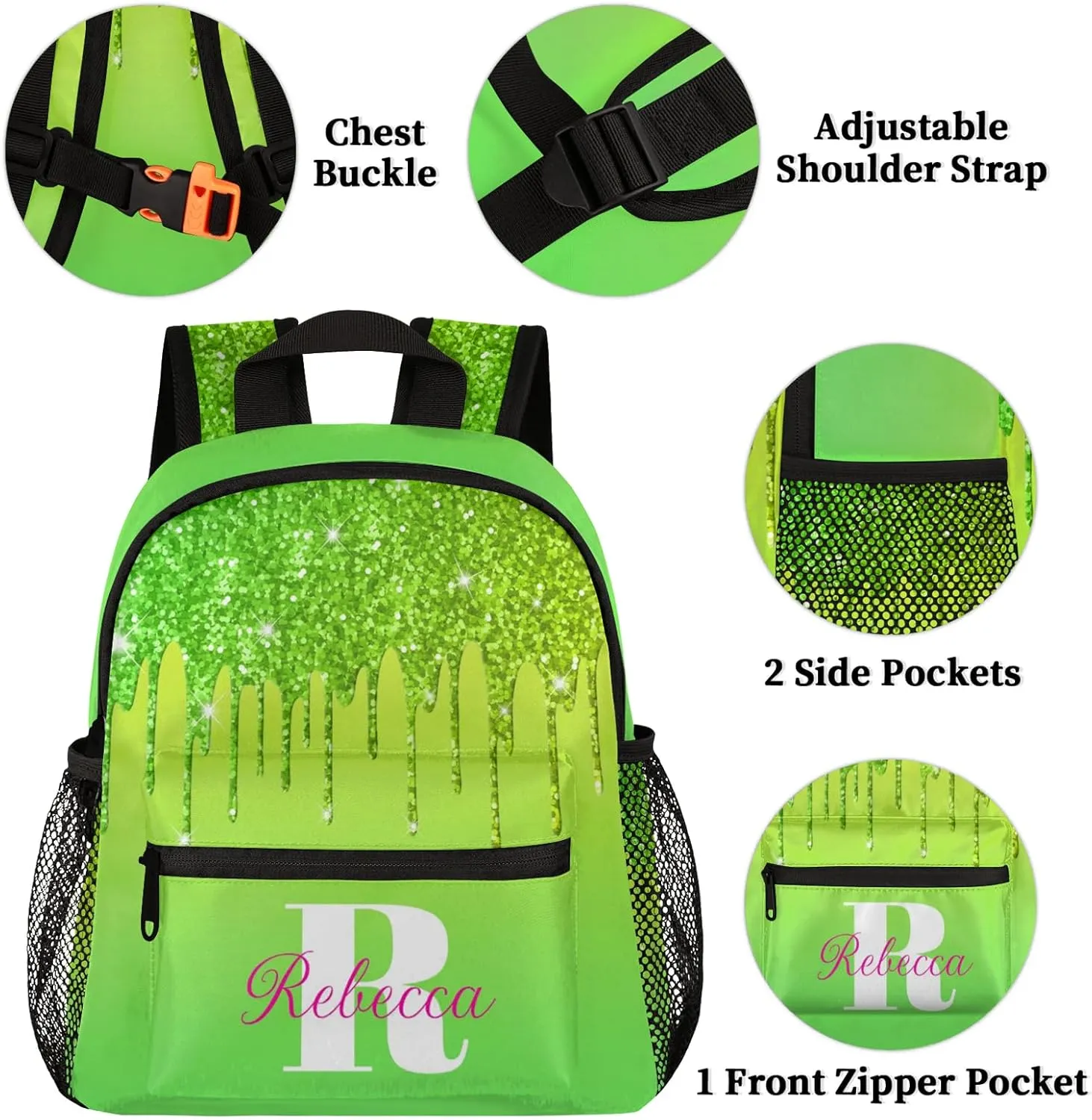 Custom Backpack with Initial & Name Personalized Small Shoulder Bag Waterproof Travel Casual Backpack with Chest Strap 12in, Grass Green