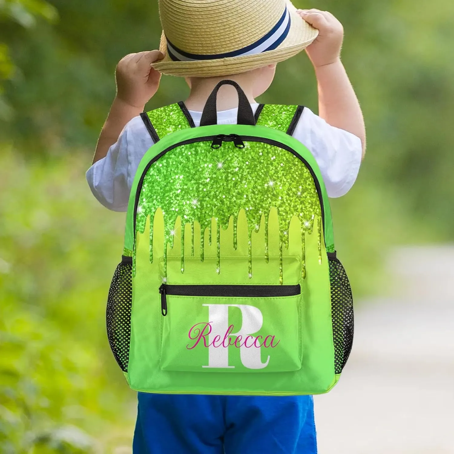 Custom Backpack with Initial & Name Personalized Small Shoulder Bag Waterproof Travel Casual Backpack with Chest Strap 12in, Grass Green