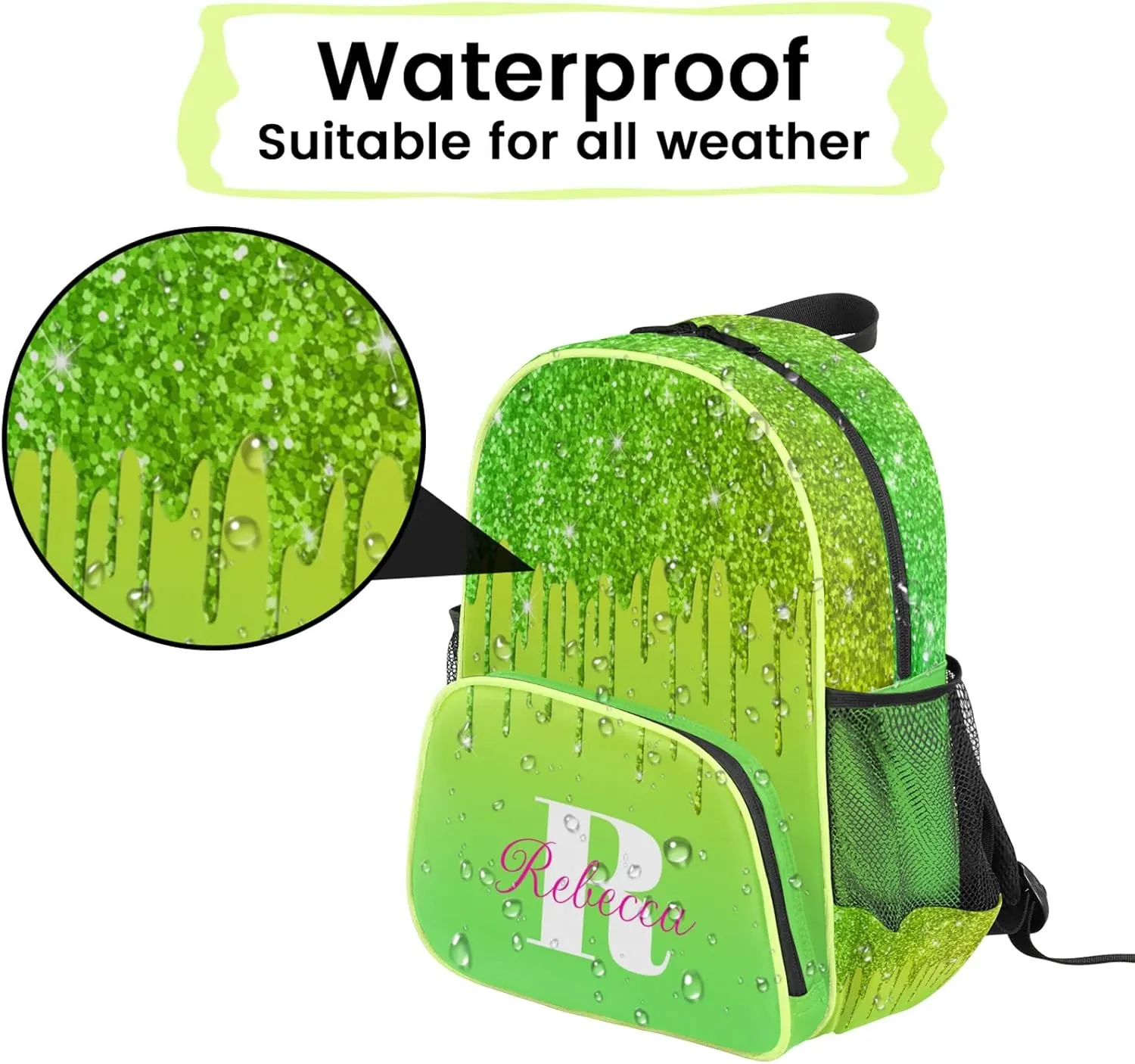 Custom Backpack with Initial & Name Personalized Small Shoulder Bag Waterproof Travel Casual Backpack with Chest Strap 14.2in, Grass Green