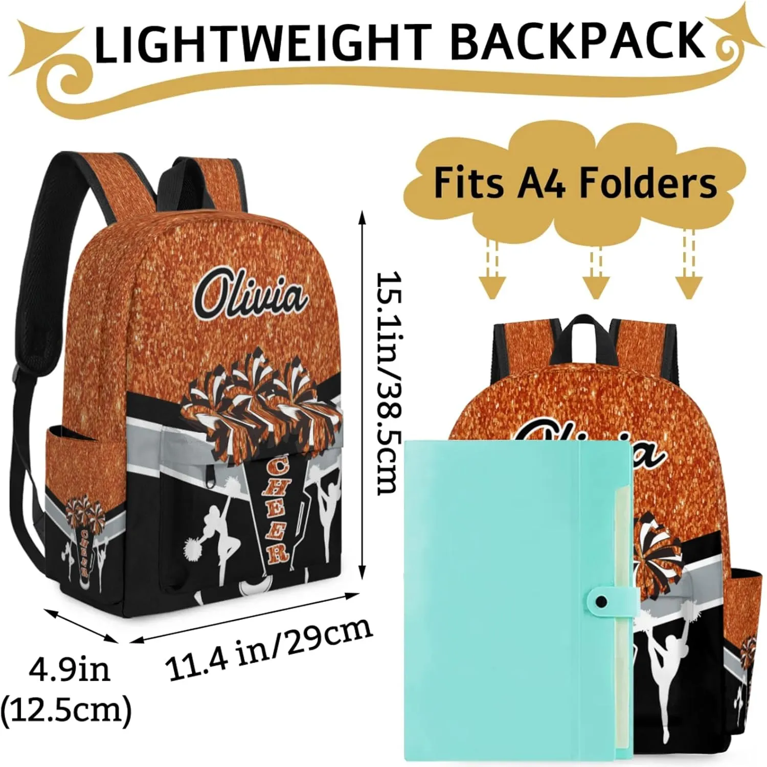 Custom Cheer Backpack for Women Cheerleaders, Personalized Waterproof Casual Daypack Bag with Name for Camping Hiking, Dark Orange Glitter Shoulder Bag
